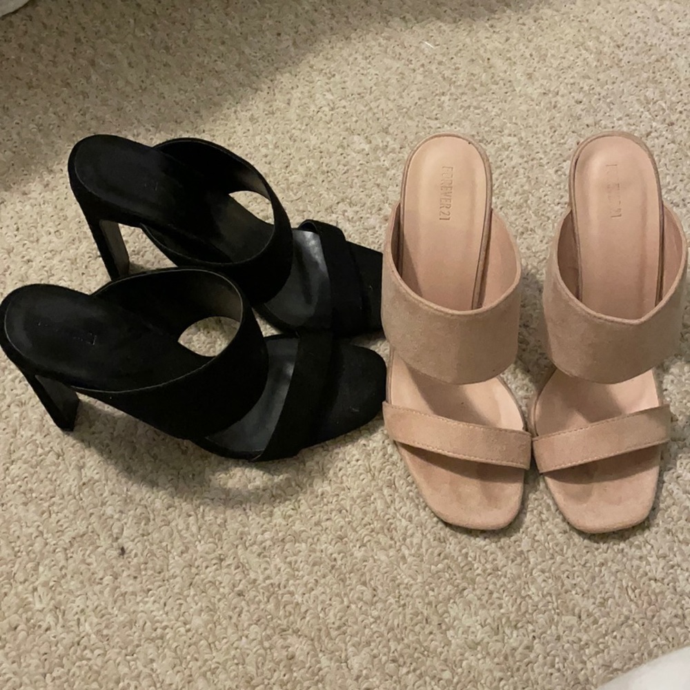 2 pairs of Forever 21 Suede-Ish high-heeled mules